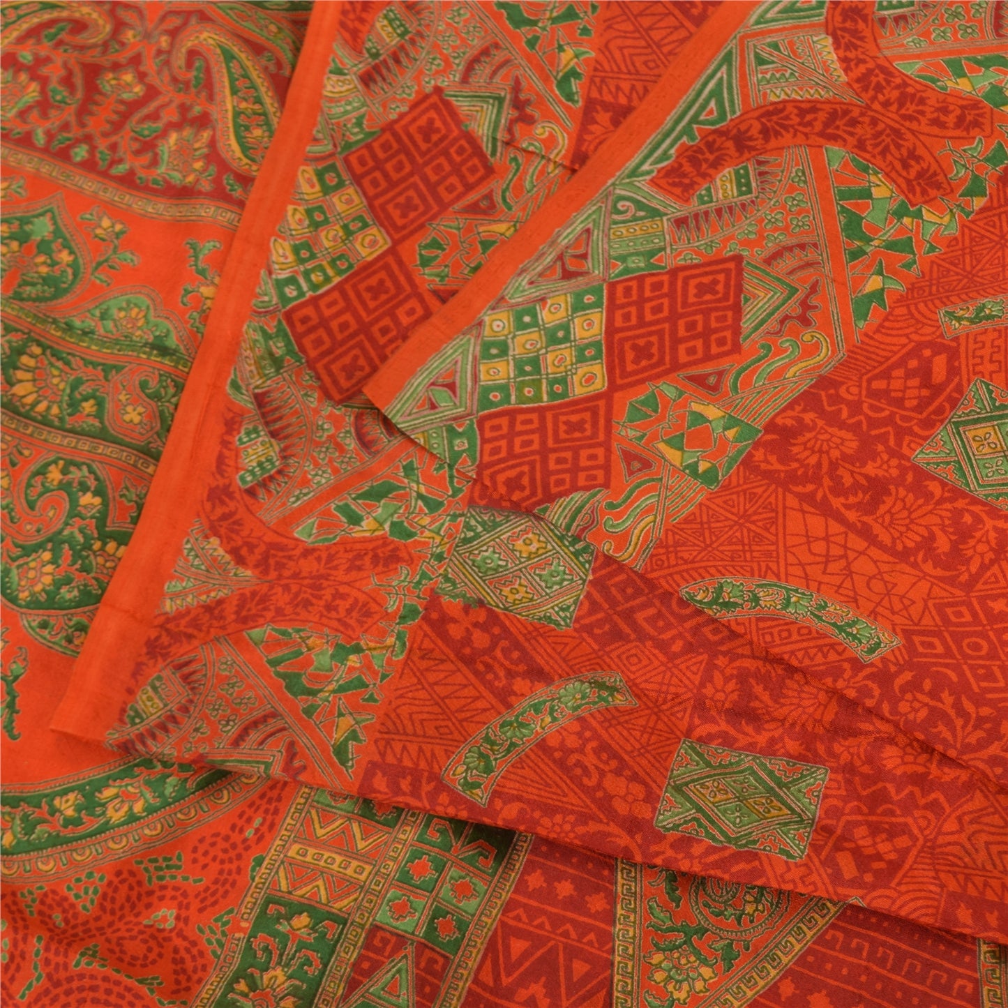 Sanskriti Vintage Sarees Orange/Green Pure Silk Printed Sari 6yd Craft Fabric