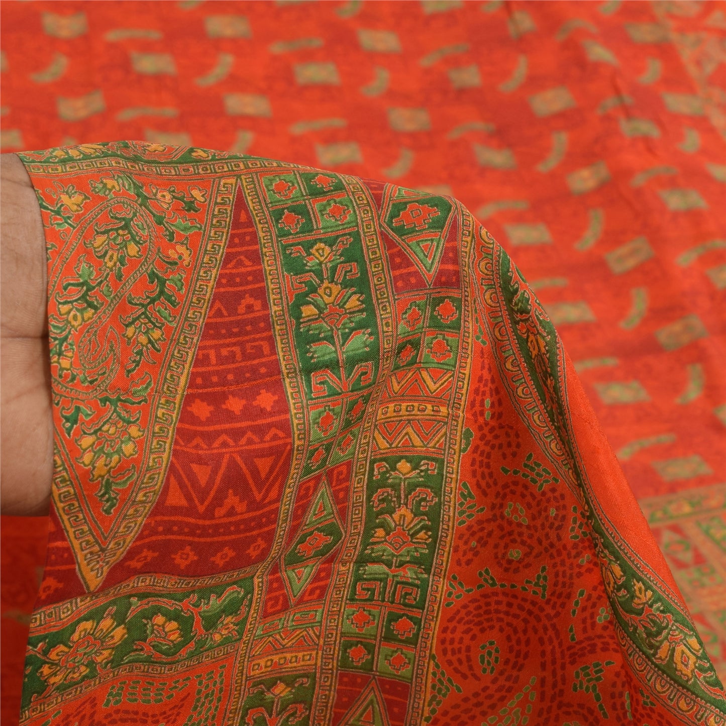 Sanskriti Vintage Sarees Orange/Green Pure Silk Printed Sari 6yd Craft Fabric