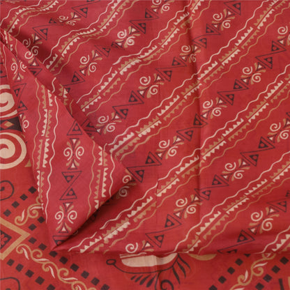 Sanskriti Vintage Sarees Yellow/Red Zari Border Pure Silk Print Sari 5yd Fabric