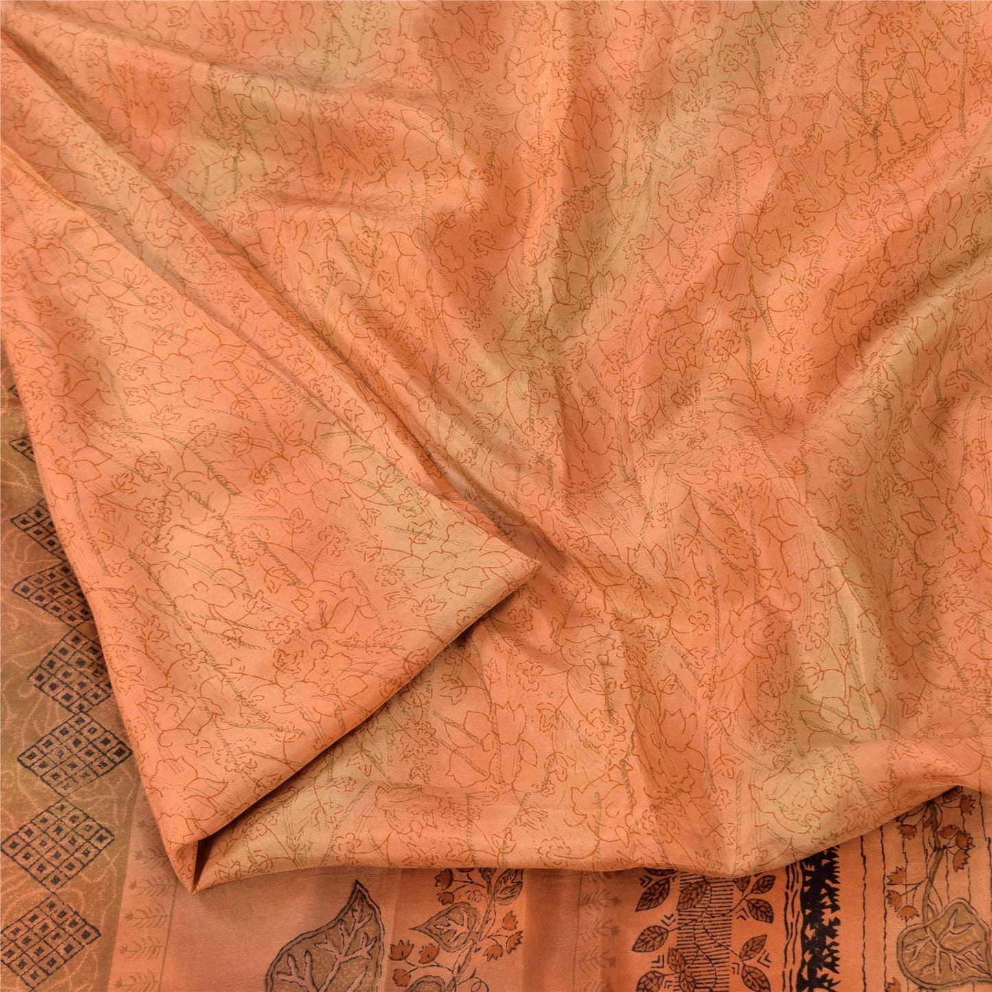 Sanskriti Vintage Sarees Orange 100% Pure Silk Printed Sari 5yd Craft Fabric