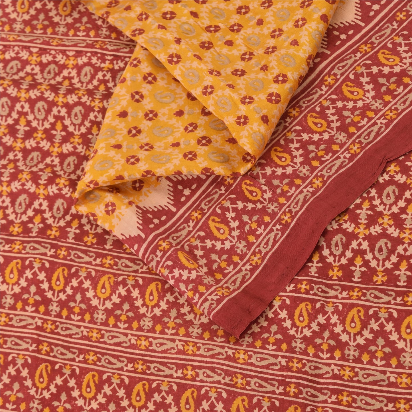 Sanskriti Vintage Sarees Yellow/Red Pure Silk Printed Sari 5yd Craft Fabric