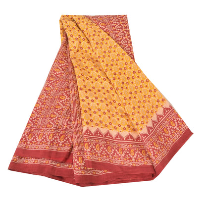 Sanskriti Vintage Sarees Yellow/Red Pure Silk Printed Sari 5yd Craft Fabric