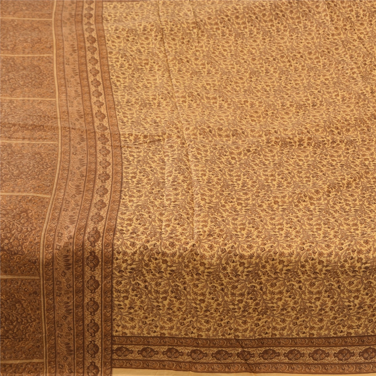 Sanskriti Vintage Sarees Cream/Brown 100%Pure Silk Printed Sari 6yd Craft Fabric