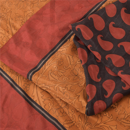 Sanskriti Vintage Sarees Black/Orange Pure Silk Printed Sari 5yd Craft Fabric