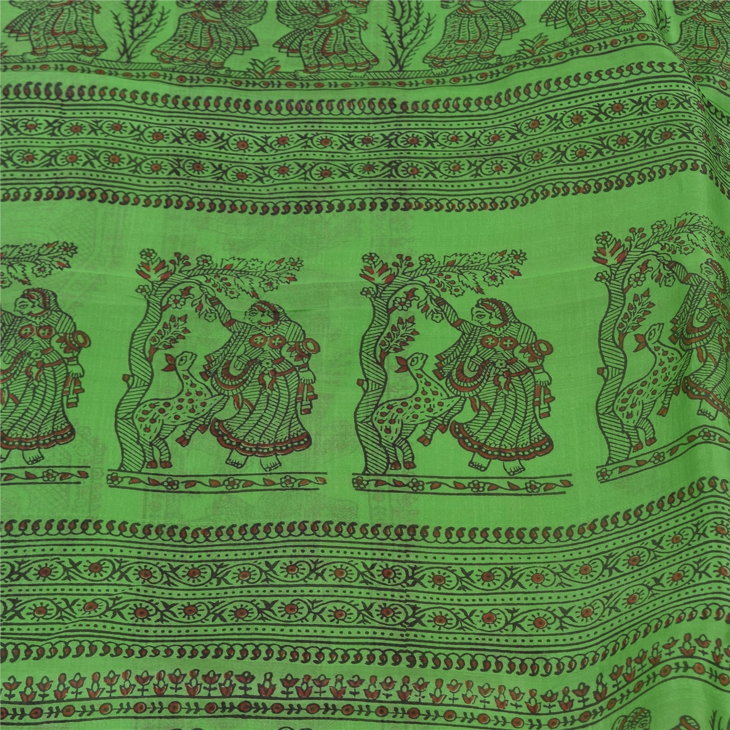 Sanskriti Vintage Sarees Green Pure Silk Women Printed Sari 5yd Craft Fabric