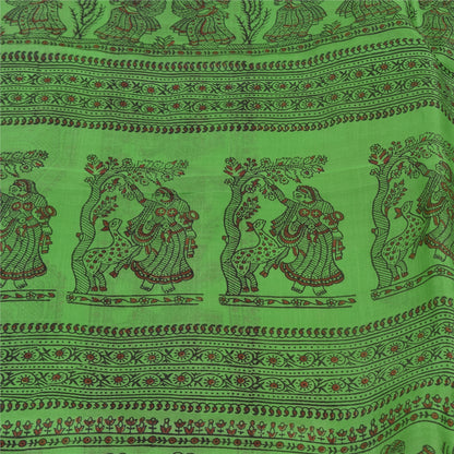 Sanskriti Vintage Sarees Green Pure Silk Women Printed Sari 5yd Craft Fabric