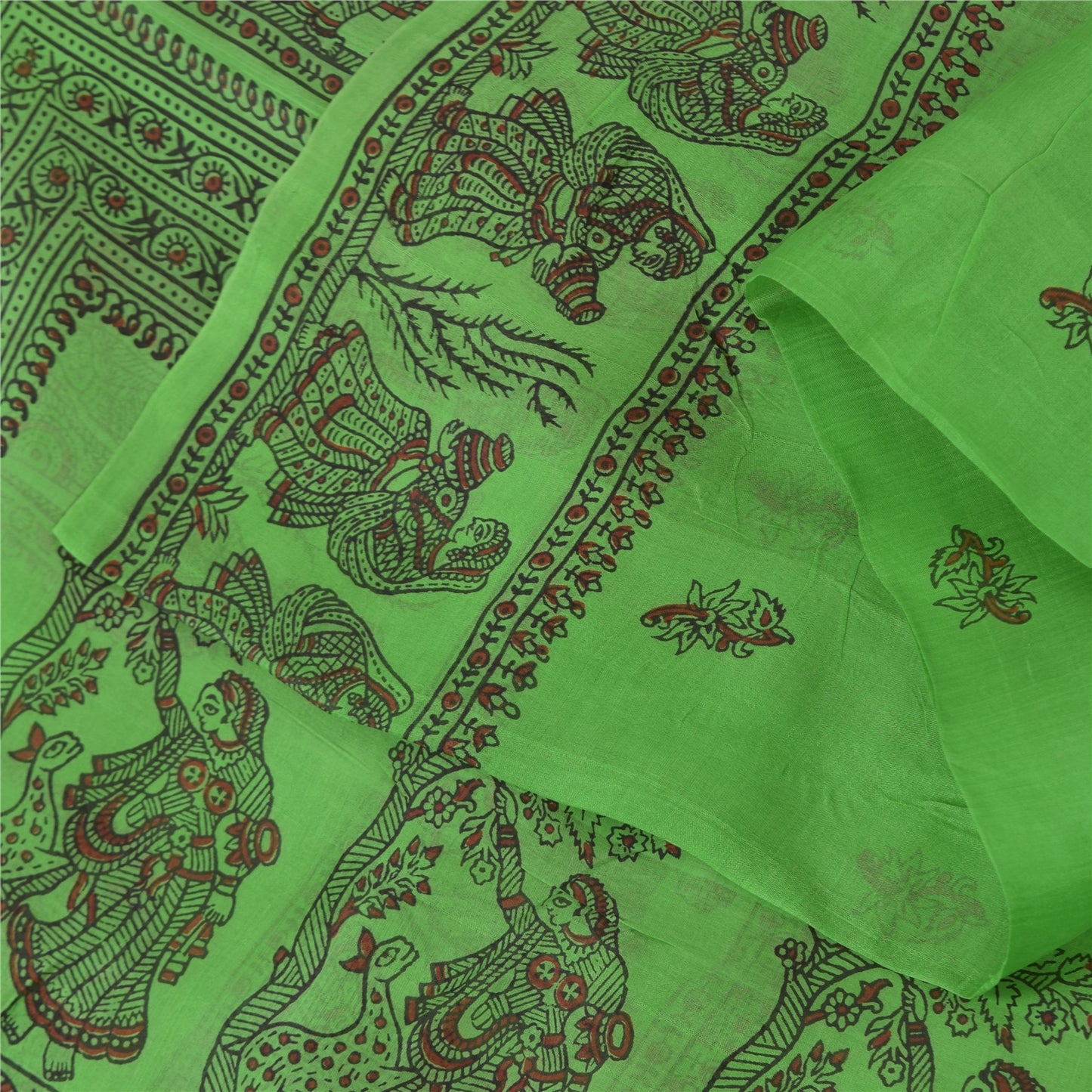 Sanskriti Vintage Sarees Green Pure Silk Women Printed Sari 5yd Craft Fabric