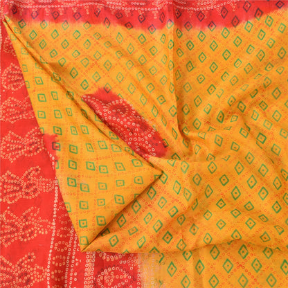 Sanskriti Vintage Sarees Yellow/Red Bandhani Printed Pure Silk Sari 5yd Fabric