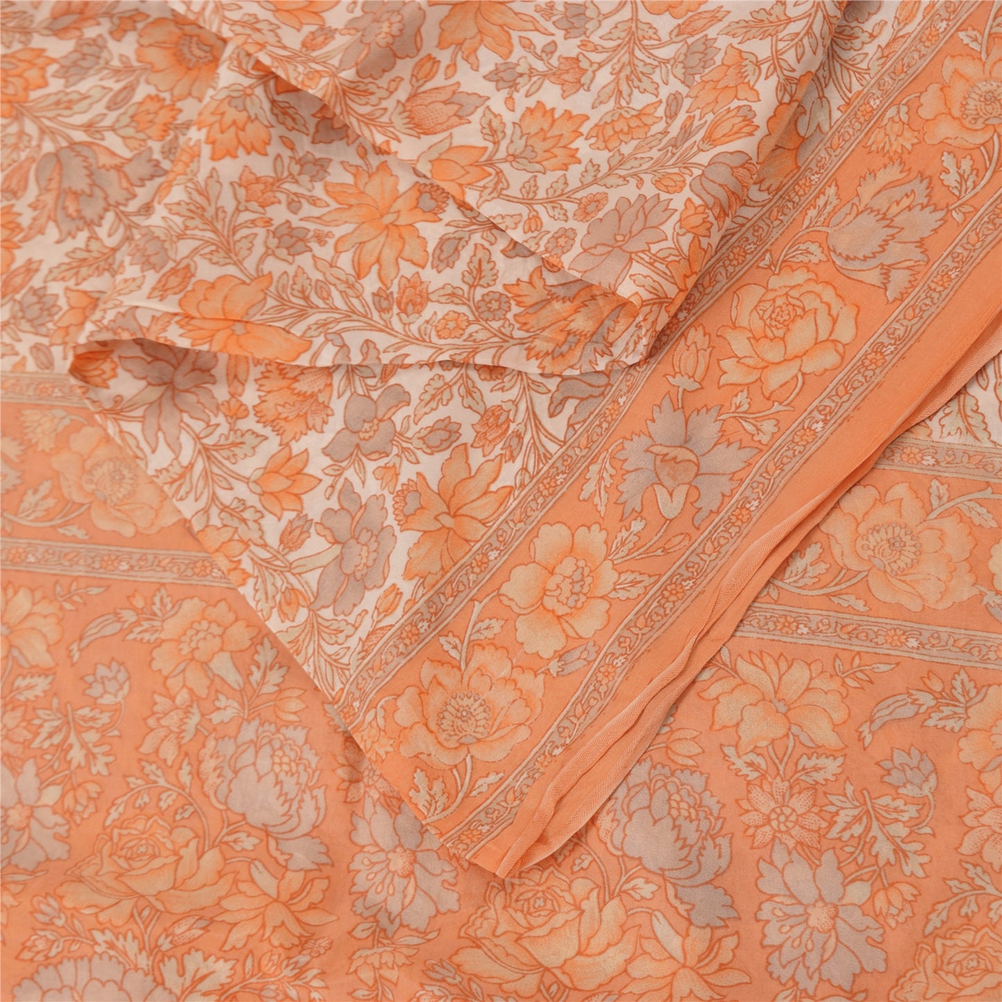 Sanskriti Vintage Sarees Peach Indian Pure Silk Printed Sari 5yd Craft Fabric