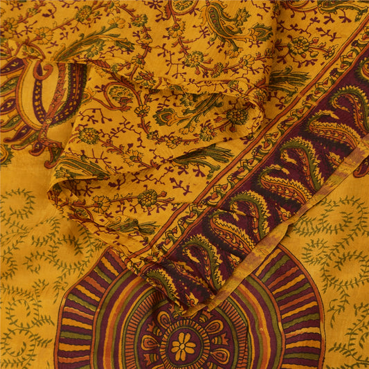 Sanskriti Vintage Sarees Indian Yellow Pure Silk Printed Sari 5yd Craft Fabric