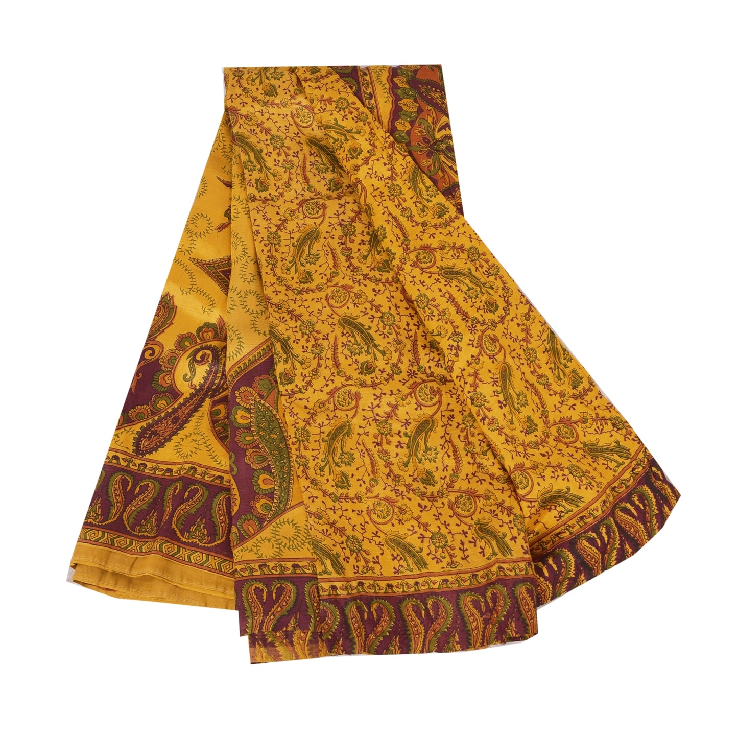 Sanskriti Vintage Sarees Indian Yellow Pure Silk Printed Sari 5yd Craft Fabric