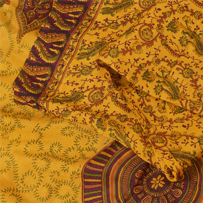 Sanskriti Vintage Sarees Indian Yellow Pure Silk Printed Sari 5yd Craft Fabric