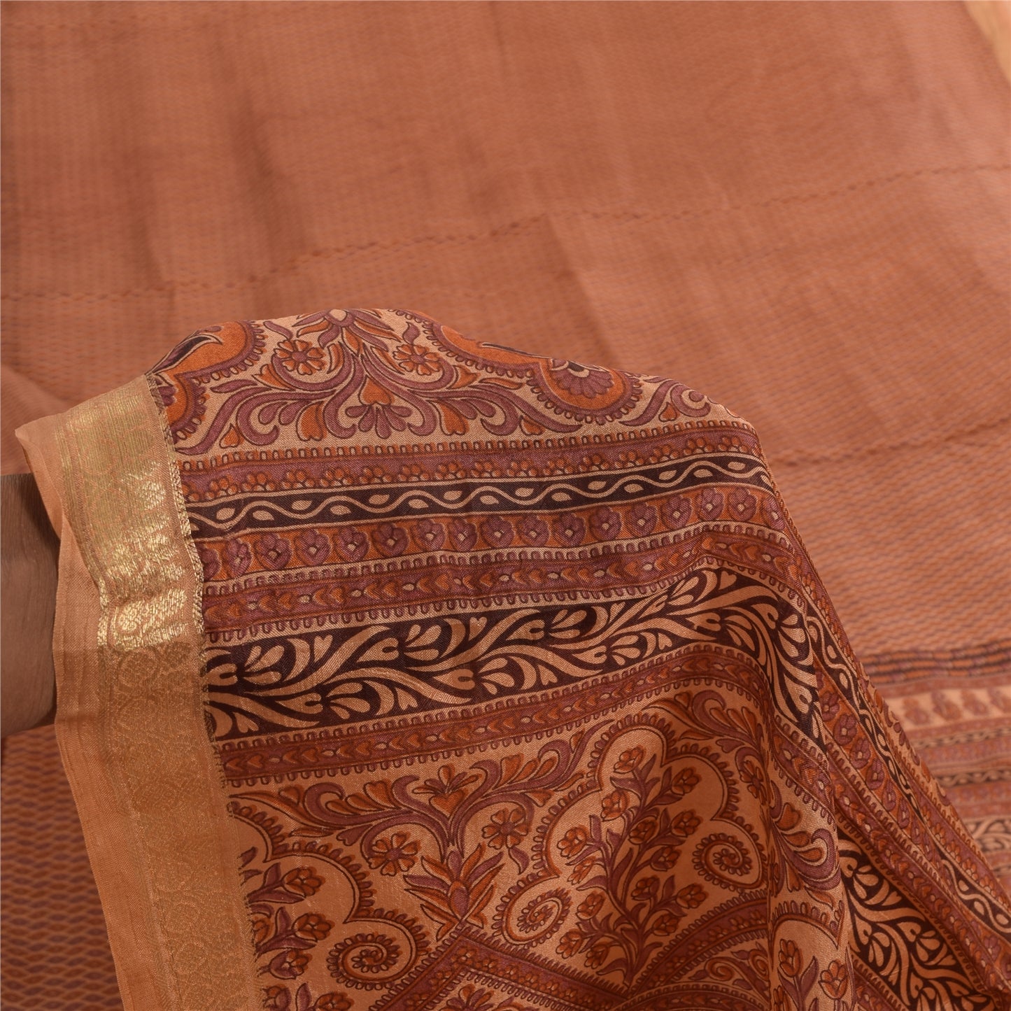 Sanskriti Vintage Sarees Peach Zari Woven Pure Silk Print Sari 5+yd Craft Fabric