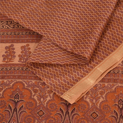 Sanskriti Vintage Sarees Peach Zari Woven Pure Silk Print Sari 5+yd Craft Fabric