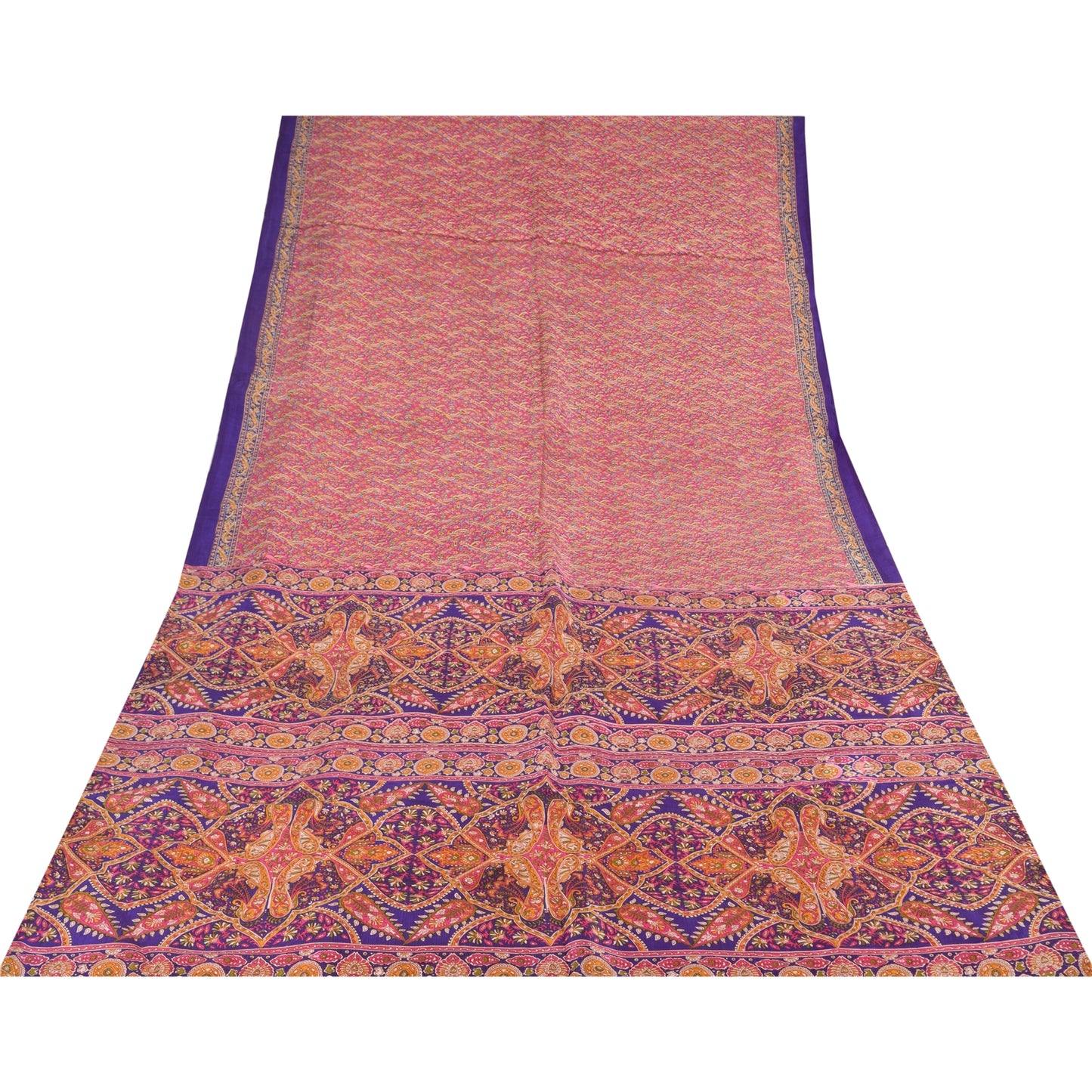 Sanskriti Vintage Sarees From India Pink Pure Silk Print Sari 5+yd Craft Fabric