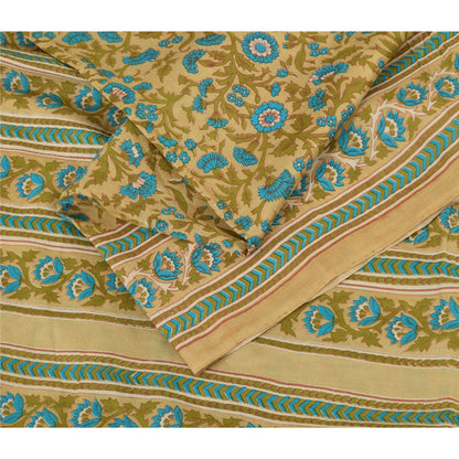 Sanskriti Vintage Sarees Green/Blue 100%Pure Silk Printed Sari 5+yd Craft Fabric