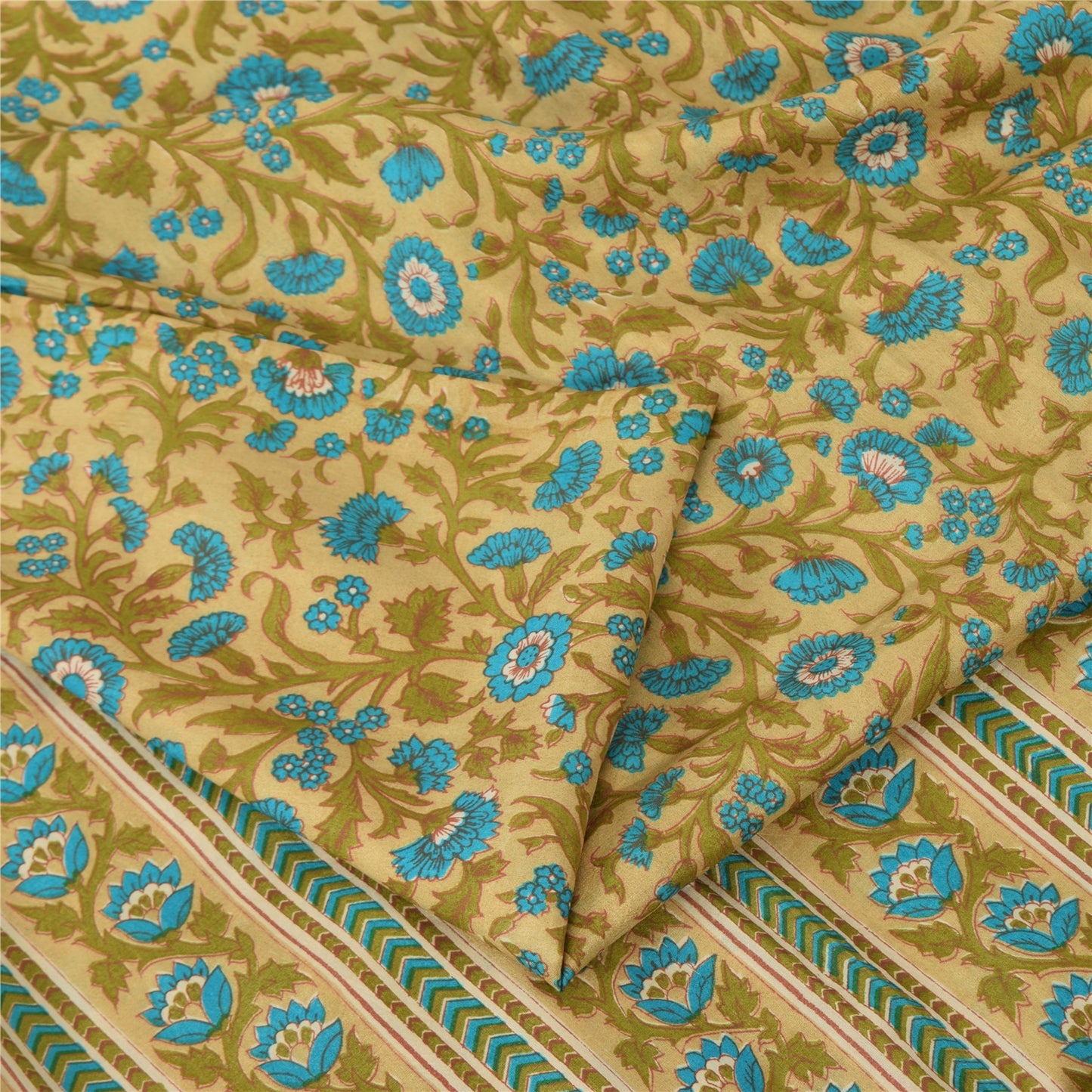 Sanskriti Vintage Sarees Green/Blue 100%Pure Silk Printed Sari 5+yd Craft Fabric