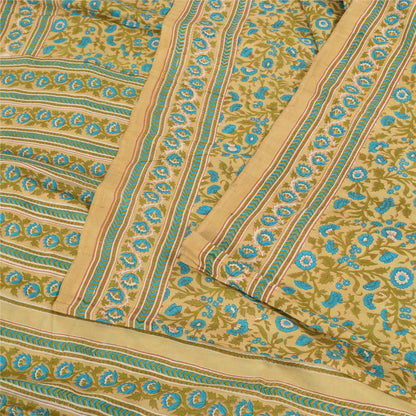 Sanskriti Vintage Sarees Green/Blue 100%Pure Silk Printed Sari 5+yd Craft Fabric