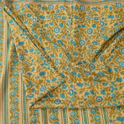 Sanskriti Vintage Sarees Green/Blue 100%Pure Silk Printed Sari 5+yd Craft Fabric