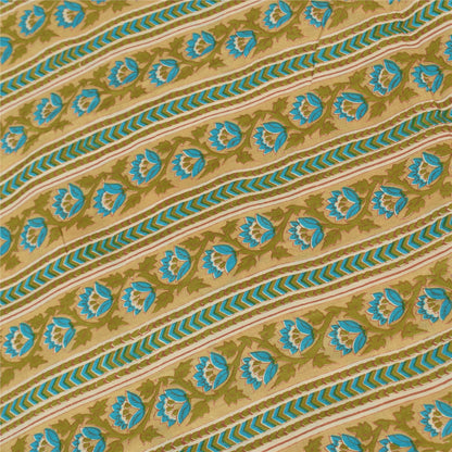 Sanskriti Vintage Sarees Green/Blue 100%Pure Silk Printed Sari 5+yd Craft Fabric