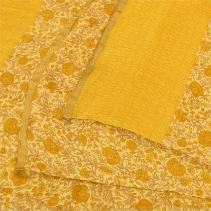 Sanskriti Vintage Sarees Yellow 100% Pure Silk Printed Sari 5+yd Craft Fabric