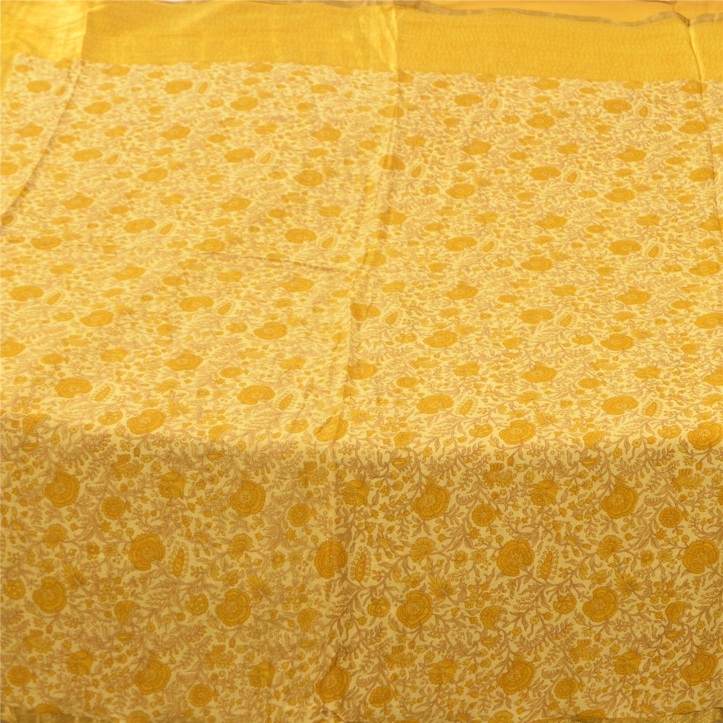 Sanskriti Vintage Sarees Yellow 100% Pure Silk Printed Sari 5+yd Craft Fabric