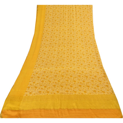 Sanskriti Vintage Sarees Yellow 100% Pure Silk Printed Sari 5+yd Craft Fabric