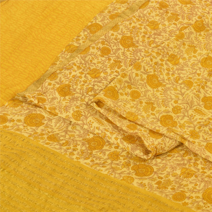 Sanskriti Vintage Sarees Yellow 100% Pure Silk Printed Sari 5+yd Craft Fabric