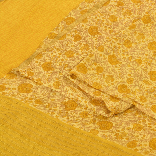 Sanskriti Vintage Sarees Yellow 100% Pure Silk Printed Sari 5+yd Craft Fabric