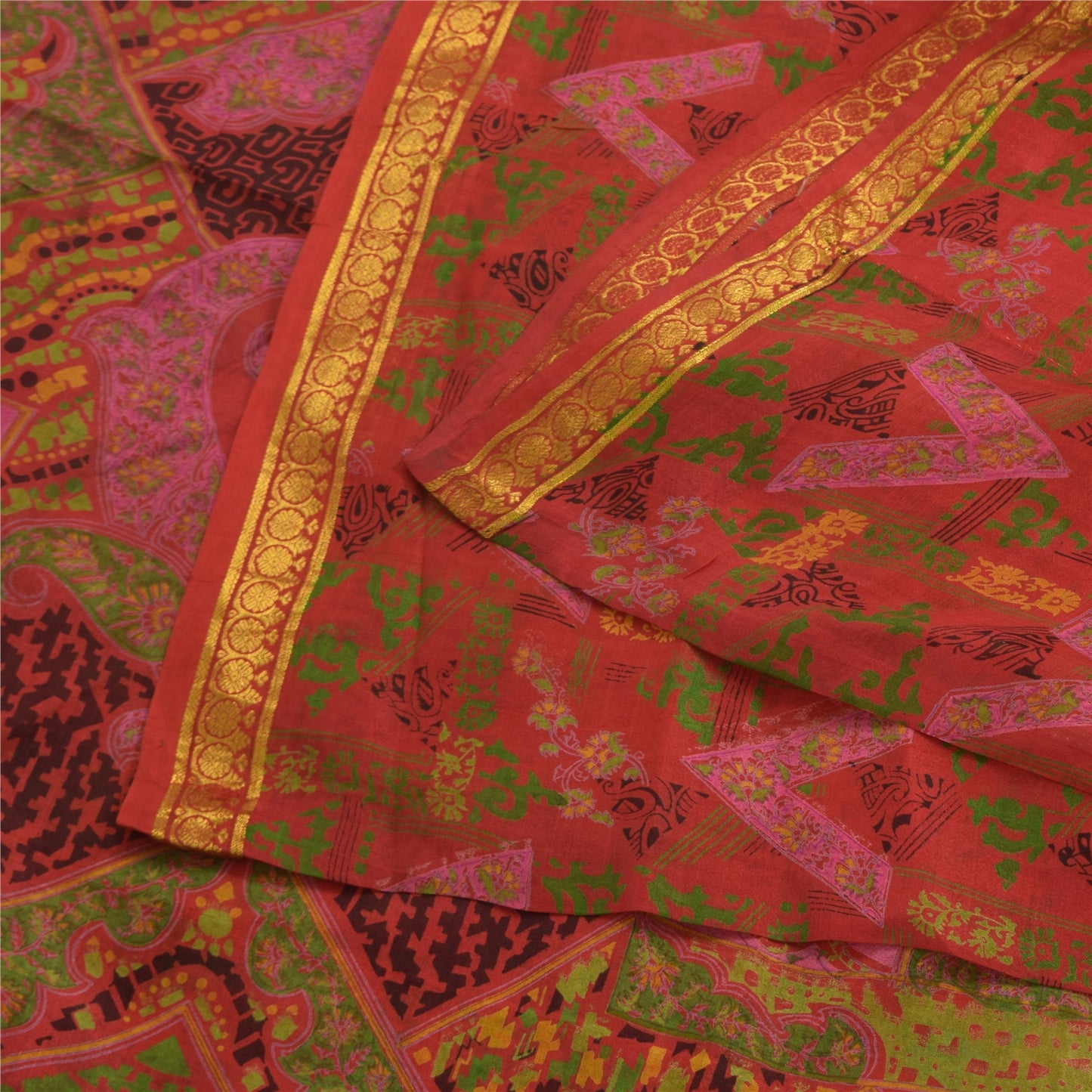 Sanskriti Vintage Sarees Zari Border Pure Silk Printed Sari 6+yd Craft Fabric