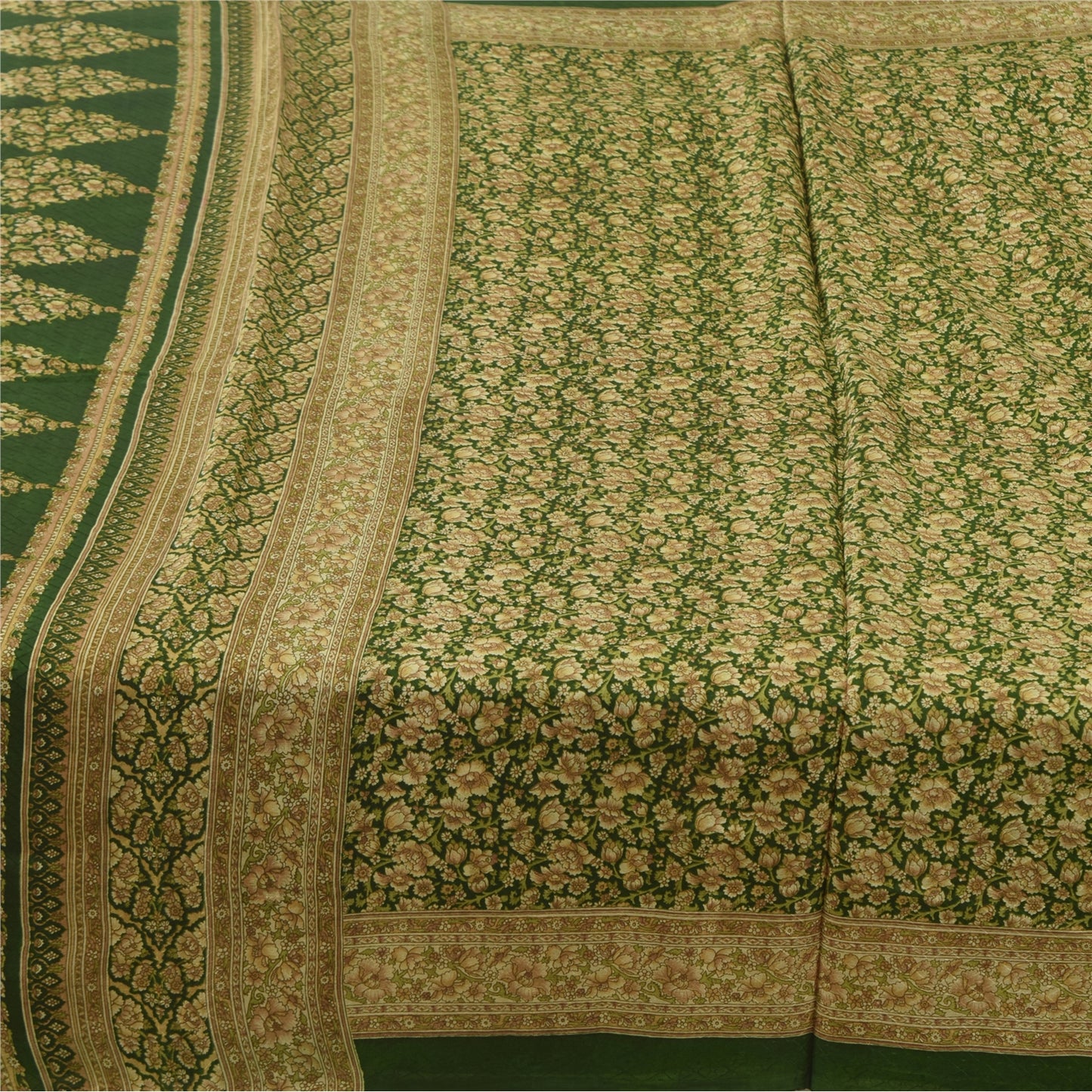 Sanskriti Vintage Sarees Green Indian Pure Silk Printed Sari 6+yd Craft Fabric