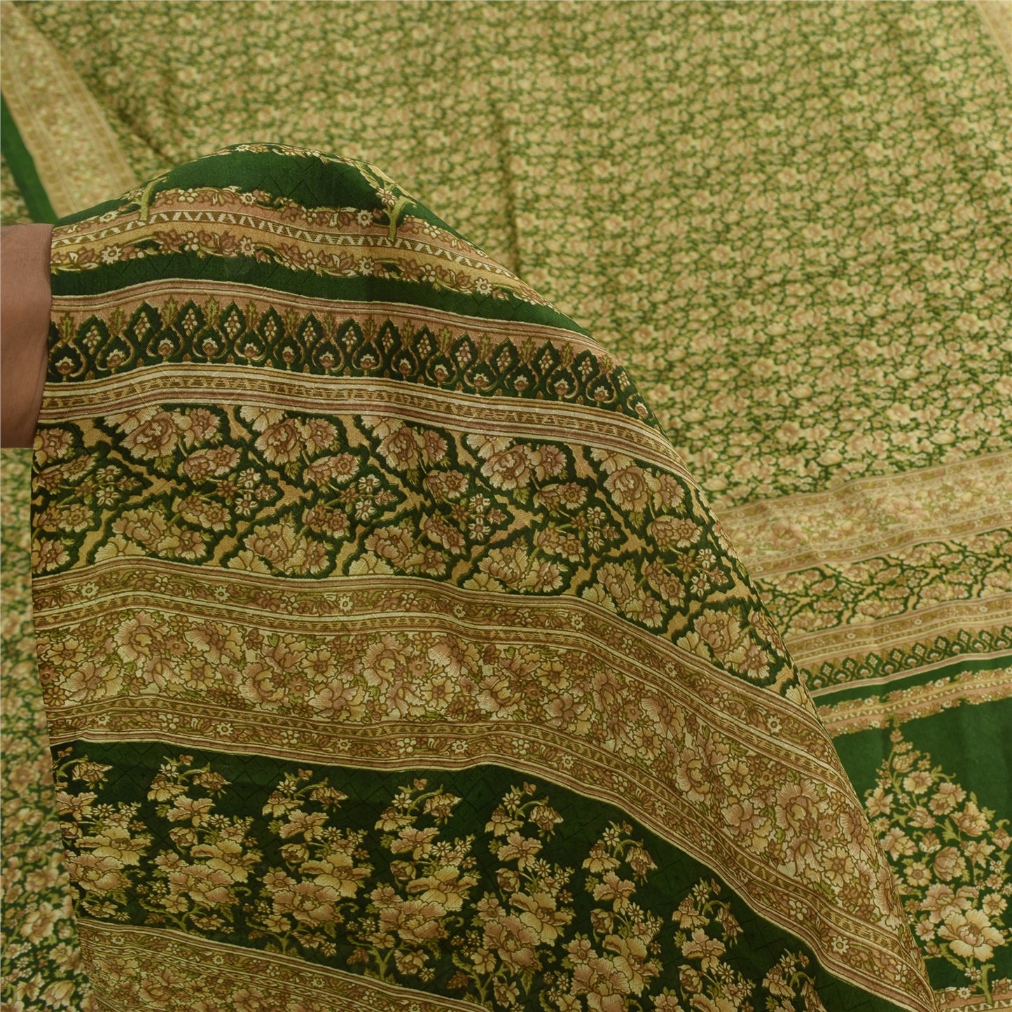 Sanskriti Vintage Sarees Green Indian Pure Silk Printed Sari 6+yd Craft Fabric