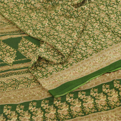 Sanskriti Vintage Sarees Green Indian Pure Silk Printed Sari 6+yd Craft Fabric