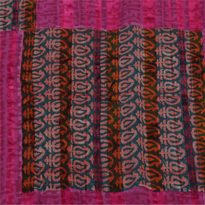 Sanskriti Vintage Sarees Blue/Pink 100% Pure Silk Printed Sari 6 yd Craft Fabric