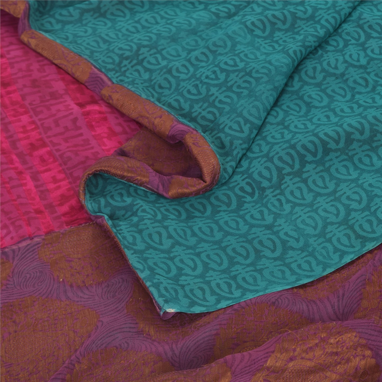 Sanskriti Vintage Sarees Blue/Pink 100% Pure Silk Printed Sari 6 yd Craft Fabric