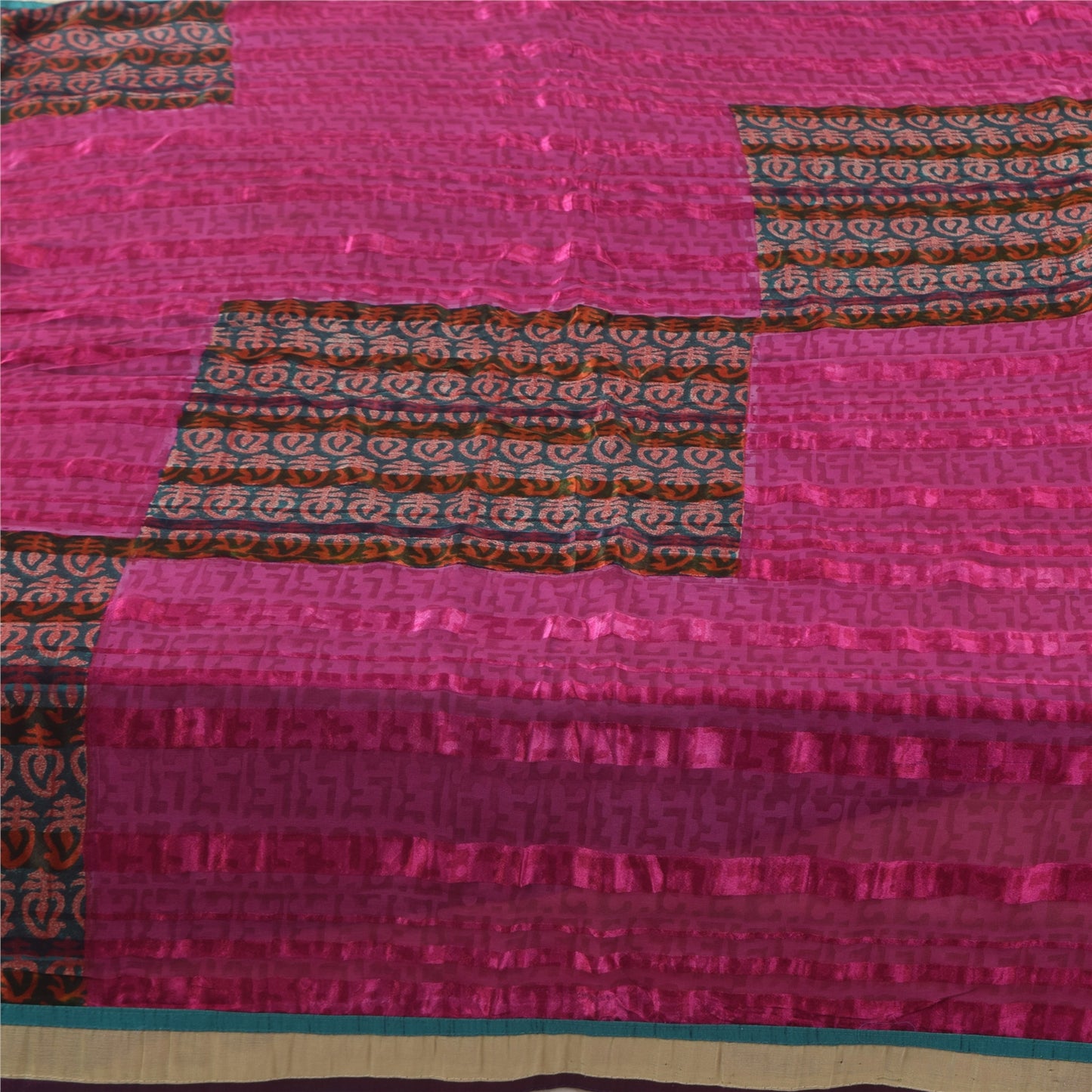 Sanskriti Vintage Sarees Blue/Pink 100% Pure Silk Printed Sari 6 yd Craft Fabric