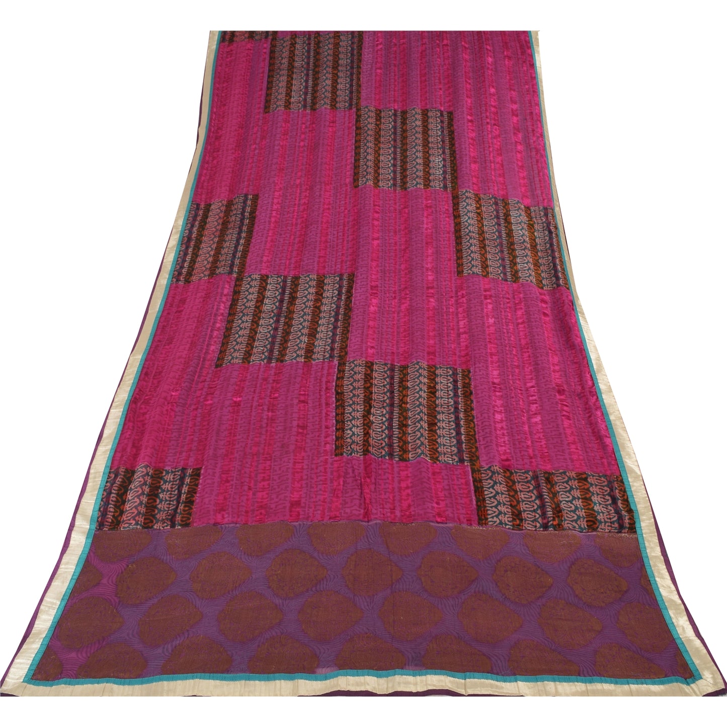 Sanskriti Vintage Sarees Blue/Pink 100% Pure Silk Printed Sari 6 yd Craft Fabric