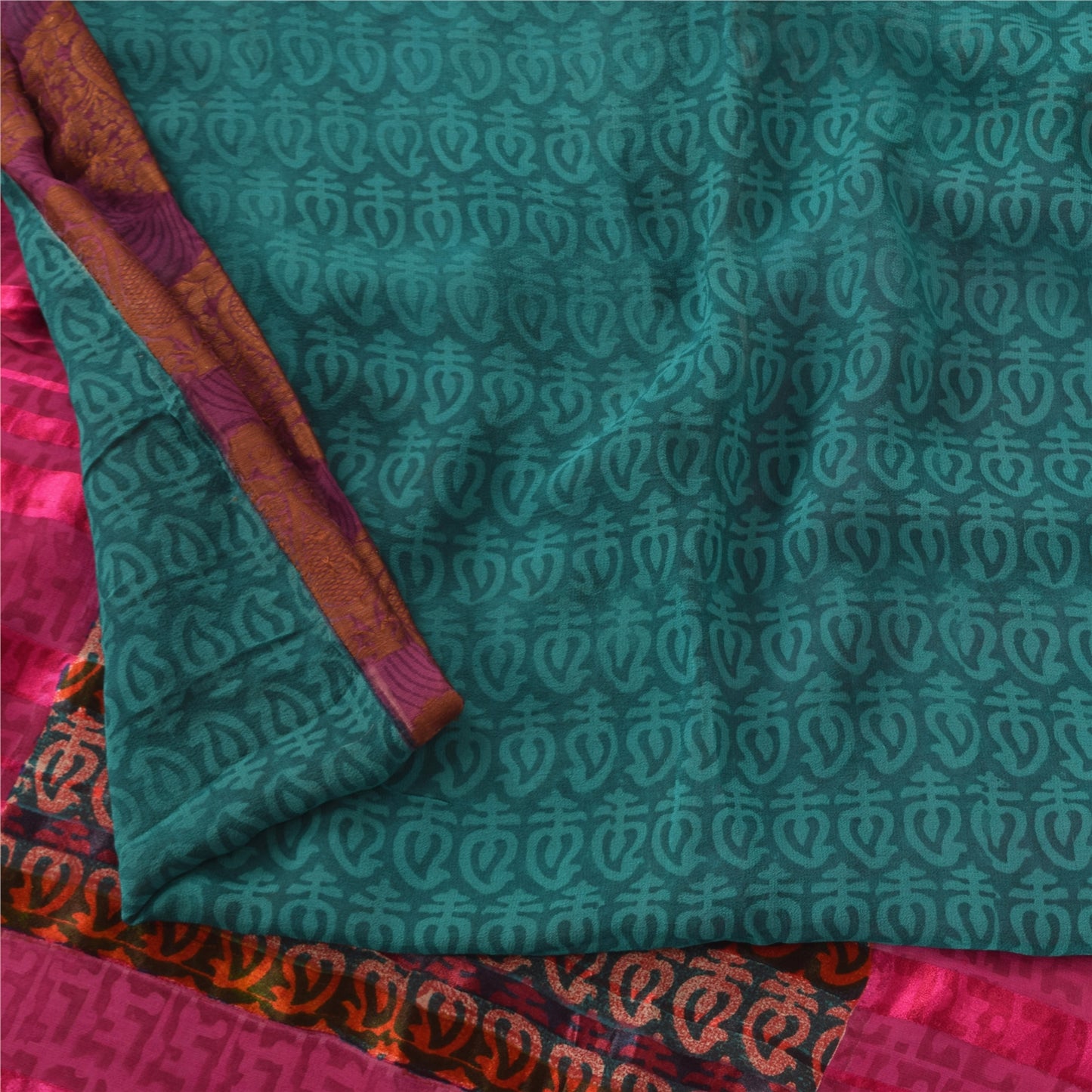 Sanskriti Vintage Sarees Blue/Pink 100% Pure Silk Printed Sari 6 yd Craft Fabric