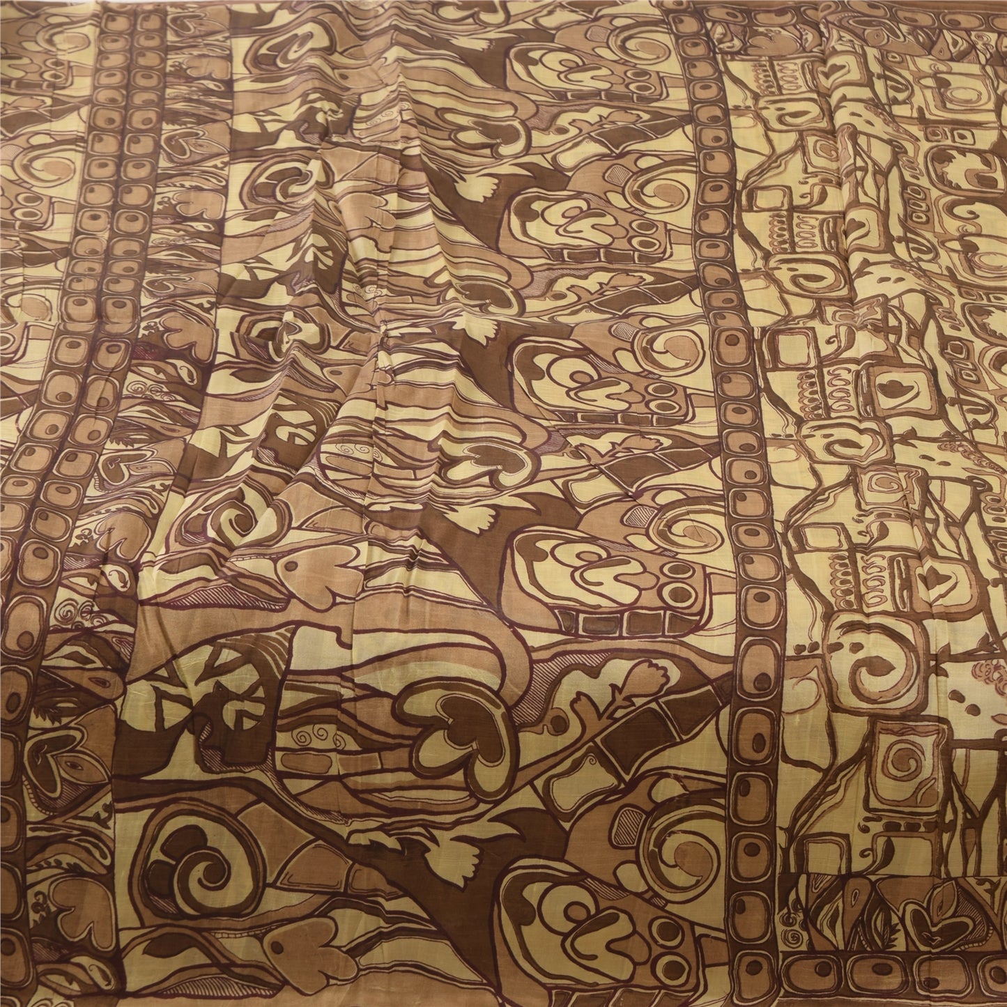 Sanskriti Vintage Sarees Shades Of Brown Pure Silk Print Sari 6+yd Craft Fabric