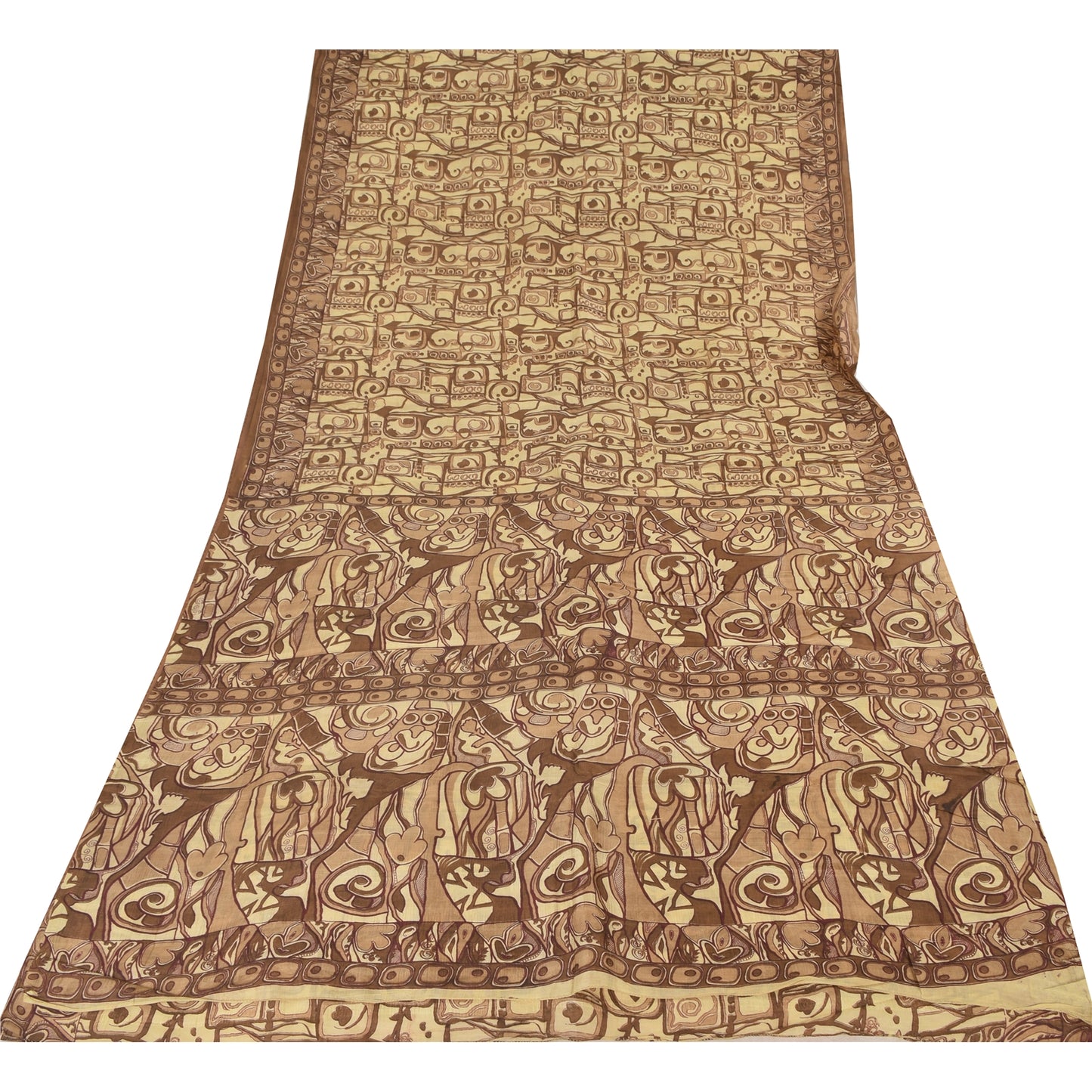 Sanskriti Vintage Sarees Shades Of Brown Pure Silk Print Sari 6+yd Craft Fabric