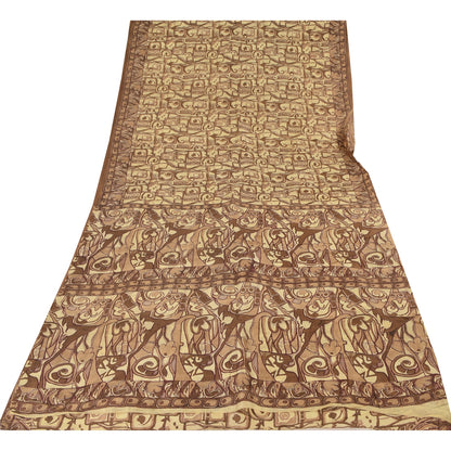 Sanskriti Vintage Sarees Shades Of Brown Pure Silk Print Sari 6+yd Craft Fabric