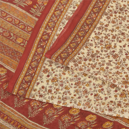 Sanskriti Vintage Sarees Ivory/Red 100% Pure Silk Printed Sari 6+yd Craft Fabric