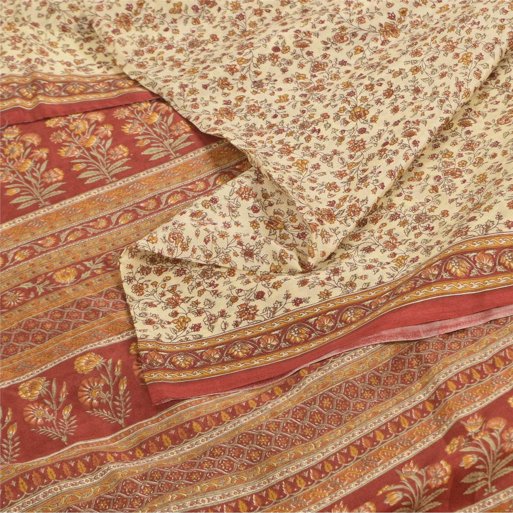 Sanskriti Vintage Sarees Ivory/Red 100% Pure Silk Printed Sari 6+yd Craft Fabric