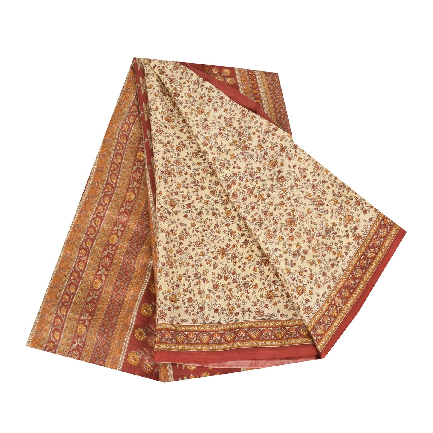 Sanskriti Vintage Sarees Ivory/Red 100% Pure Silk Printed Sari 6+yd Craft Fabric