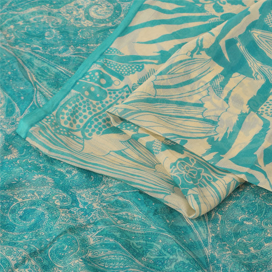 Sanskriti Vintage Sarees Blue/Cream Pure Silk Printed Sari 6+yd SoftCraft Fabric