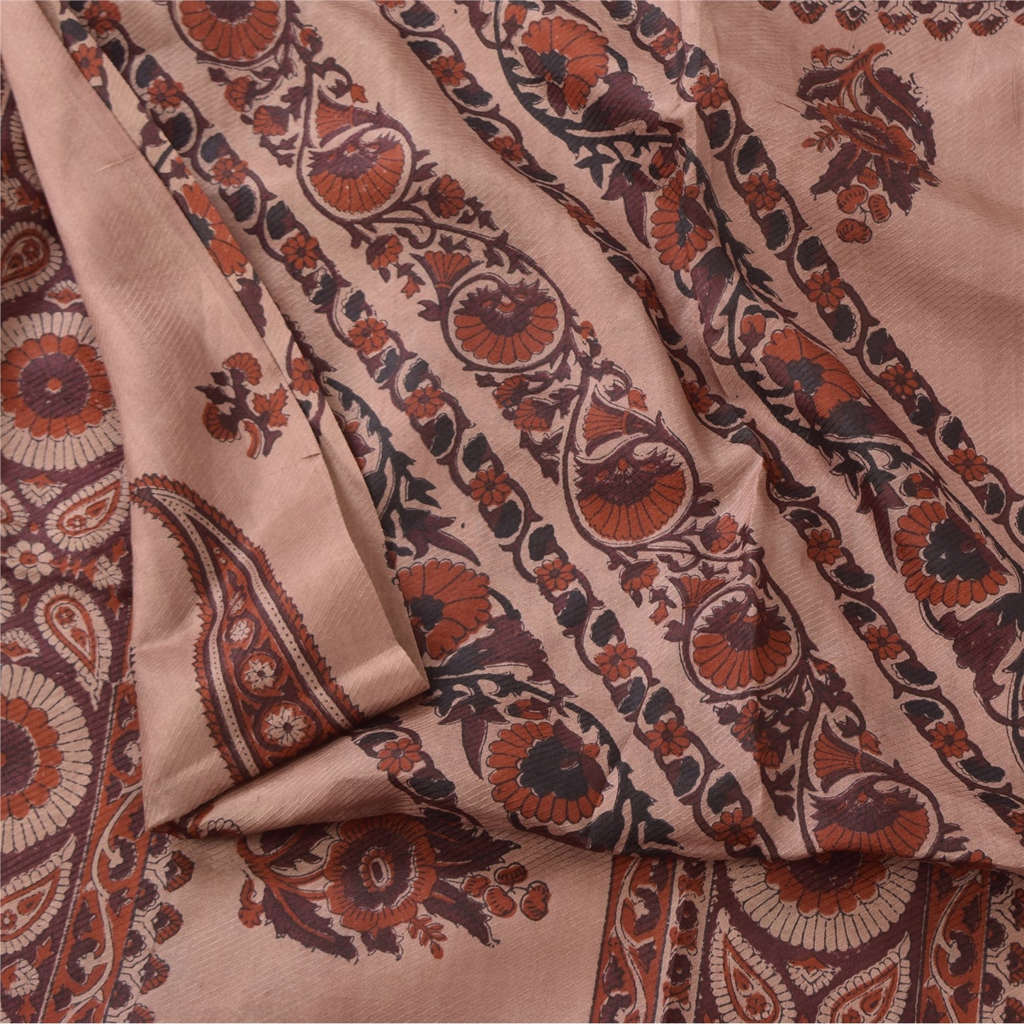 Sanskriti Vintage Sarees Peach/Brown Pure Silk Printed Sari 5+yd Craft Fabric