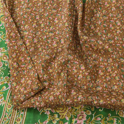 Sanskriti Vintage Sarees Brown Indian Pure Silk Printed Sari 5+yd Craft Fabric