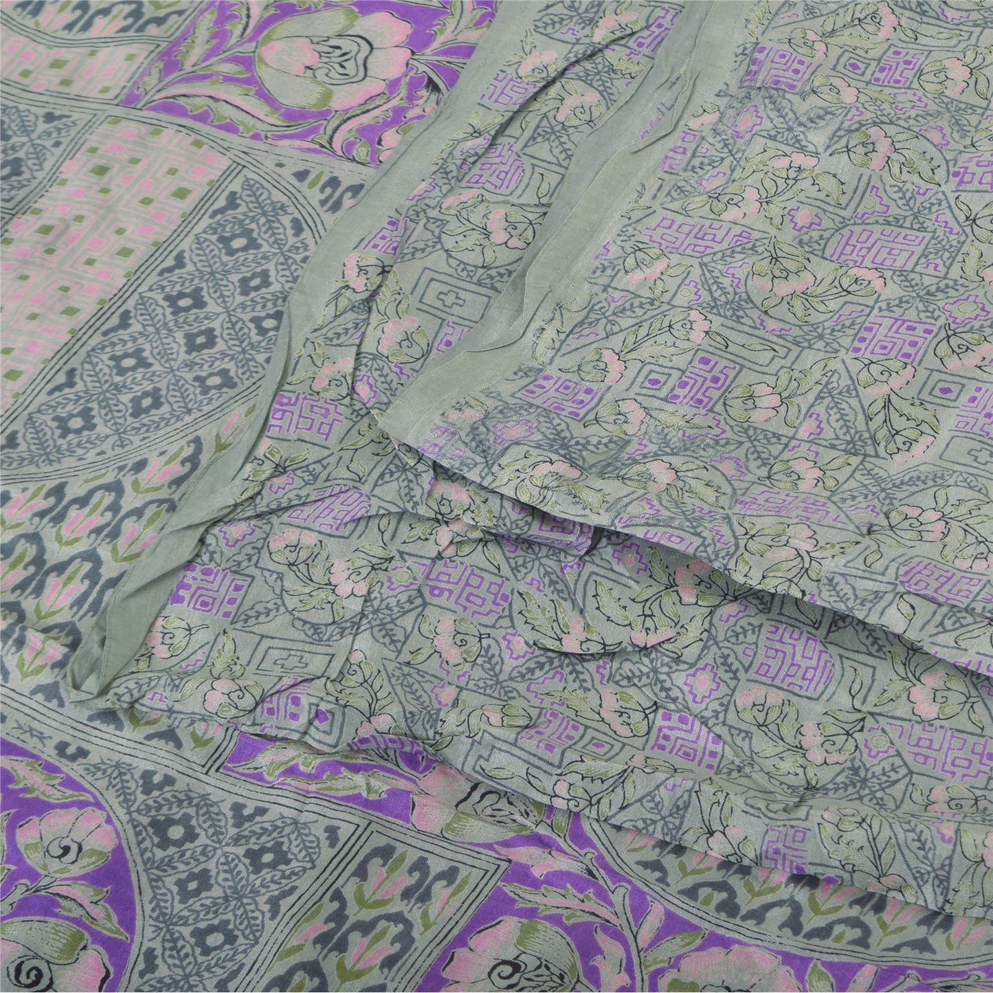 Sanskriti Vintage Sarees Green/Purple Pure Silk Printed Sari 6+yd Craft Fabric