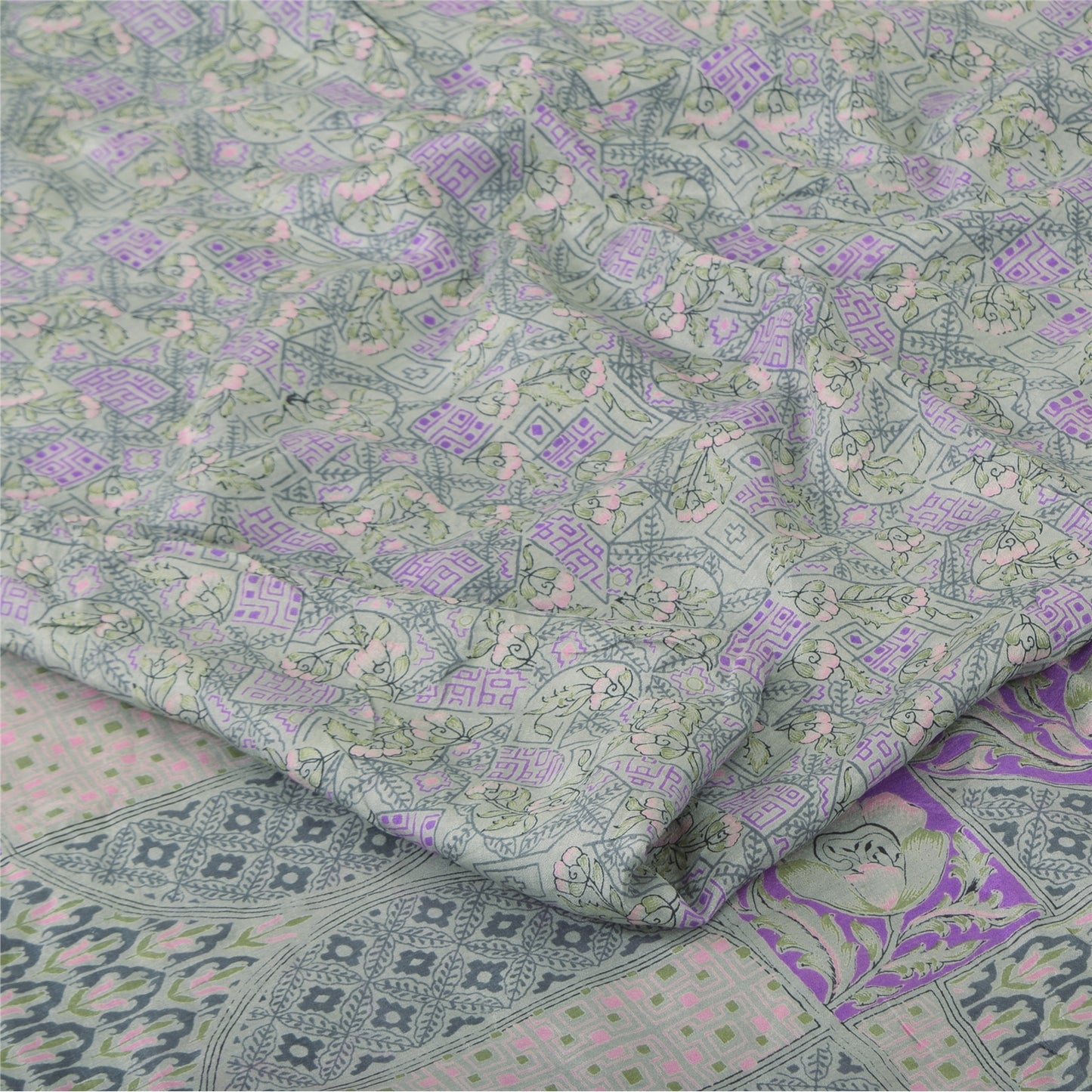 Sanskriti Vintage Sarees Green/Purple Pure Silk Printed Sari 6+yd Craft Fabric