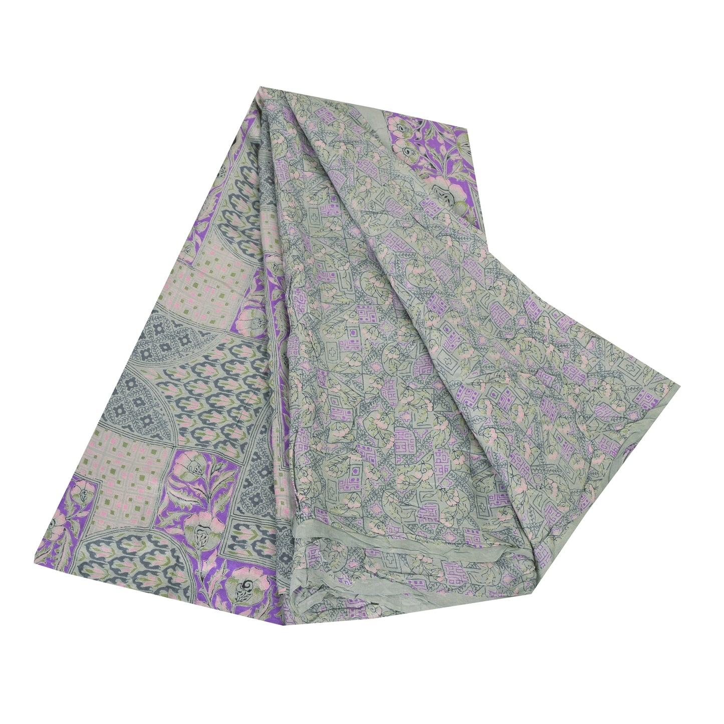 Sanskriti Vintage Sarees Green/Purple Pure Silk Printed Sari 6+yd Craft Fabric